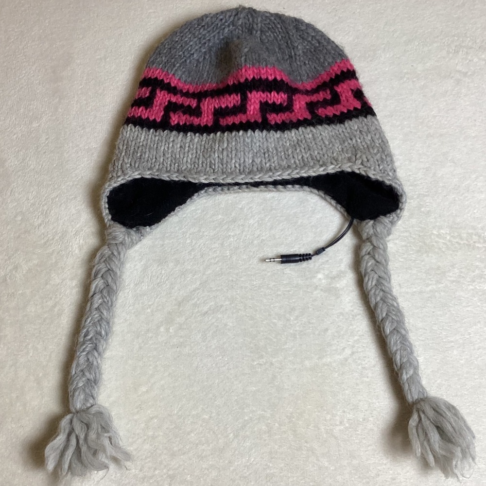 Bula‎ Earflap Hat, Built‑In Speakers, Y2K Gray/Black/Hot Pink, 50% Wool